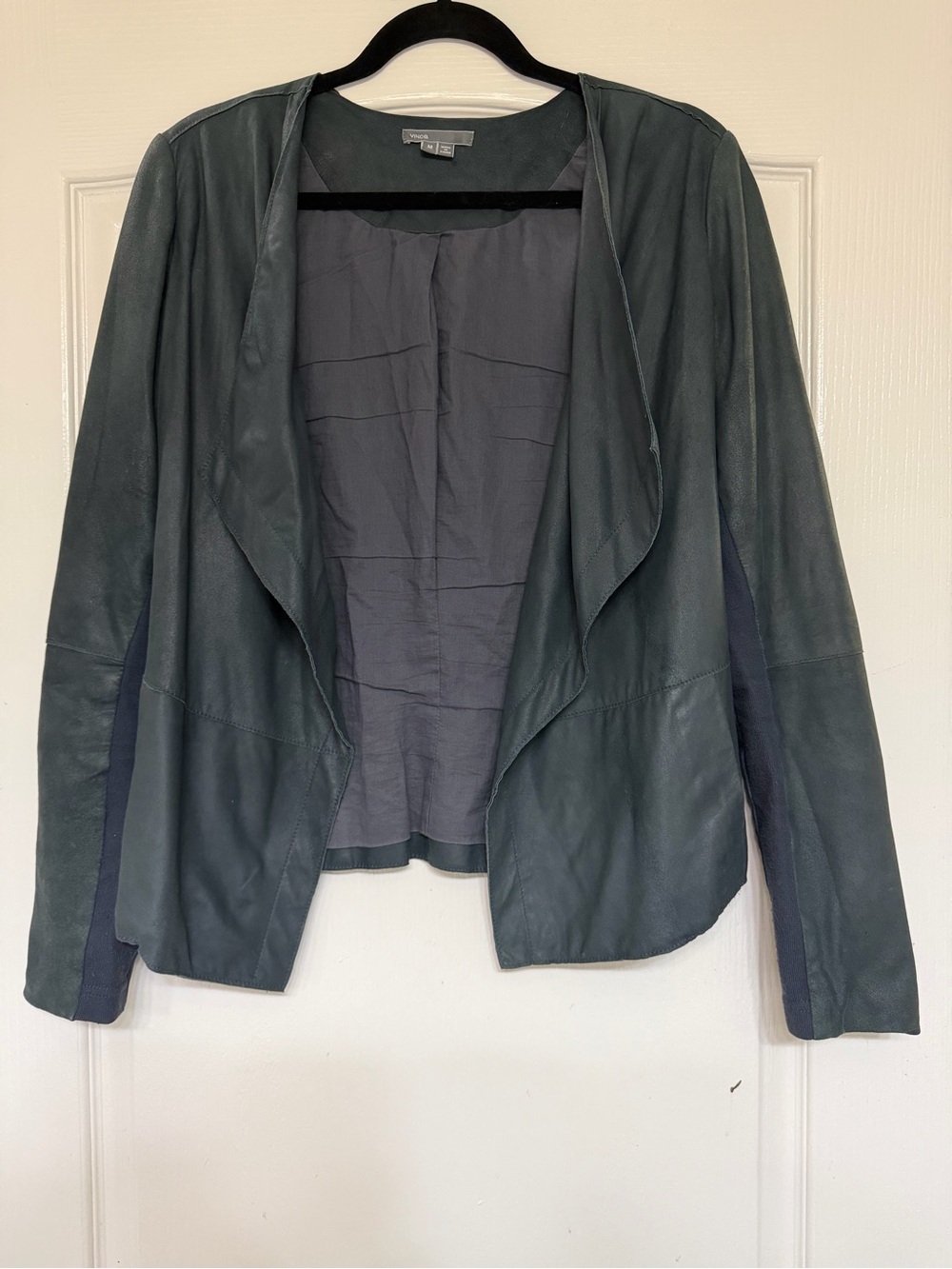 Vince Leather Drape Front Jacket Size M Waterfall Open Front Navy